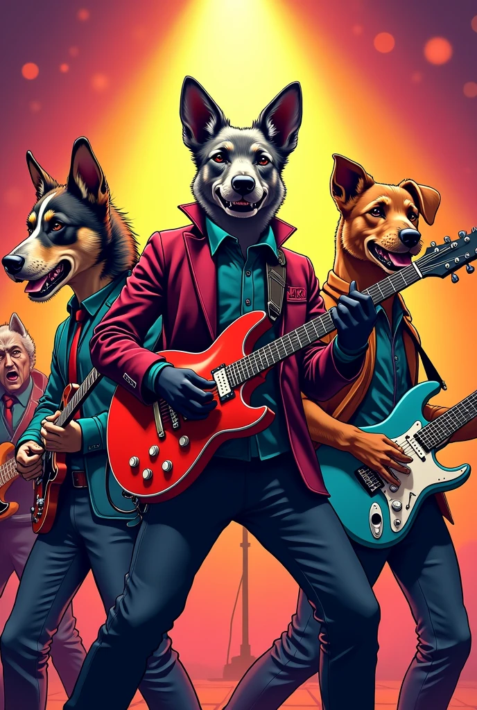 Create an American comic book style cover of a rock band made up of five dogs made up like this:
A pitbull terrier with a drum set, a grey schnauzer dog with microphone, a standard poodle with a guitar, a border collie with guitar and a golden doodle with bass.