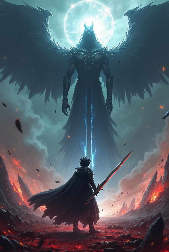 Guts vs femto ,Spike hair, gods hand battle field, blood , long long sword giant Slash