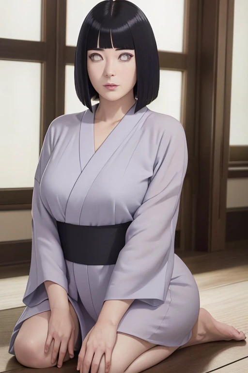 a beautiful mature 3 woman with large bust and wide hips, kneeling on the floor of a living room, Hinata wearing a kimono, shy look, Hinata Uzumaki wife of Naruto Uzumaki and mother of Boruto and Himawari Uzumaki, character from Boruto Next Generation, detailed portrait, (best quality,4k,8k,highres,masterpiece:1.2),ultra-detailed,(realistic,photorealistic,photo-realistic:1.37),beautiful detailed eyes,beautiful detailed lips,extremely detailed eyes and face,longeyelashes,intricate details,dramatic lighting,soft warm colors,cinematic composition