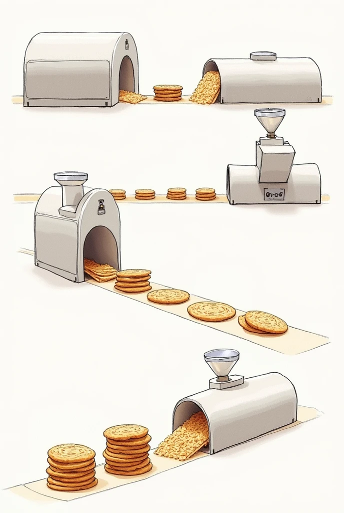 Make a sketch where you can see how cereal cookies look like kiwicha, quinoa, Avena, etc. and with fruit jelly filling are cooled in a cooling tunnel and packaged with a packaging machine also powered by solar energy..