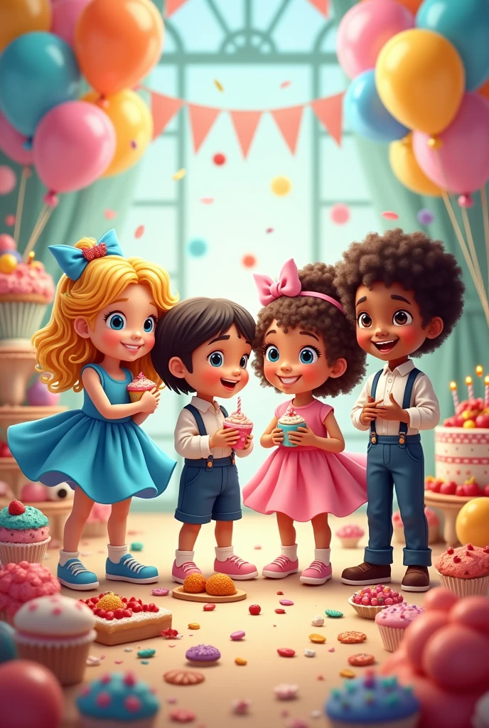 A party for , two girls, one white with blonde hair and blue eyes, the other black with curly black hair, both wearing puffy dresses in blue and pink, and two boys, one white with curly black hair and the other with black skin color and straight brown hair, with a formal blouse, pants and suspenders, men&#39;s old clothes. Various sweets and various balloons, fruta, cakes and toys in the scene that they show joy and happiness all four children looking forward 