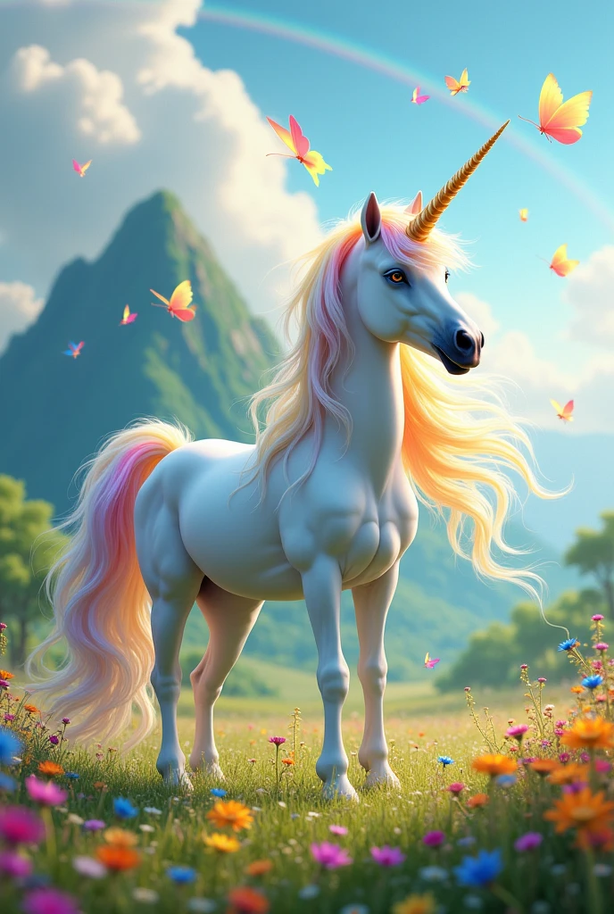 White alicorn with rainbow hair surrounded by beautiful rainbow-colored butterflies in a meadow with a green mountain and full of multi-colored flowers, with a subtle rain of candy, cotton candy clouds and rainbows 