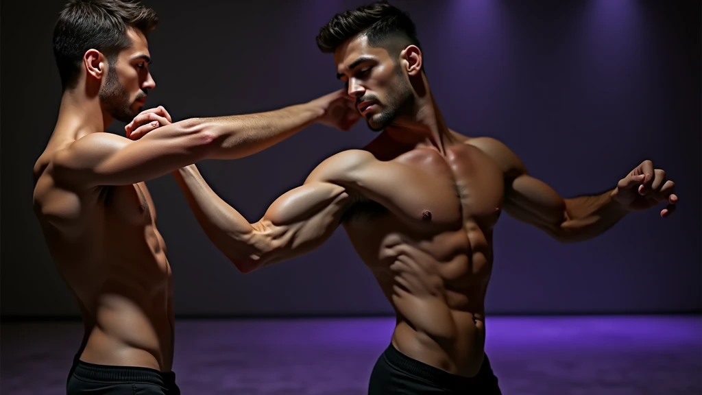 Two handsome men with beautiful face, slim shirtless, wearing black pants, dancing against the wall, playing beautiful music