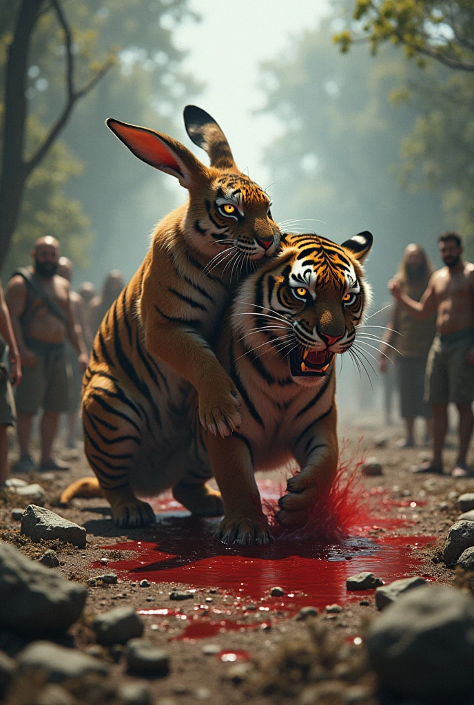 rabbit killing the tiger blood loss to tiger and tiger is in fear people and animals or watching