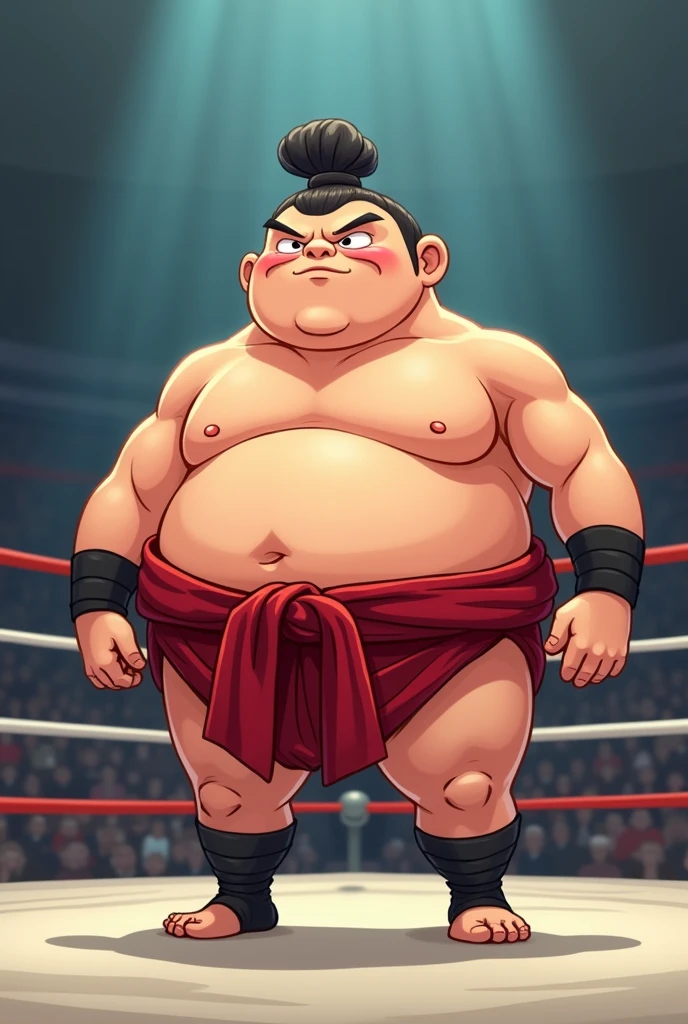 Fat cartoon tuna fish dressed like WWE wrestler yokozuna
Fat cartoon tuna fish body. Cartoon tuna fish head. Cartoon tuna fish face. Cartoon tuna fish arms. Cartoon tuna fish hands.
Fat sumo. Bulky. Shirtless.
Red pants. Mawashi
Black taped bare feet.
Black man bun hairstyle.
Standing in a wrestling ring.