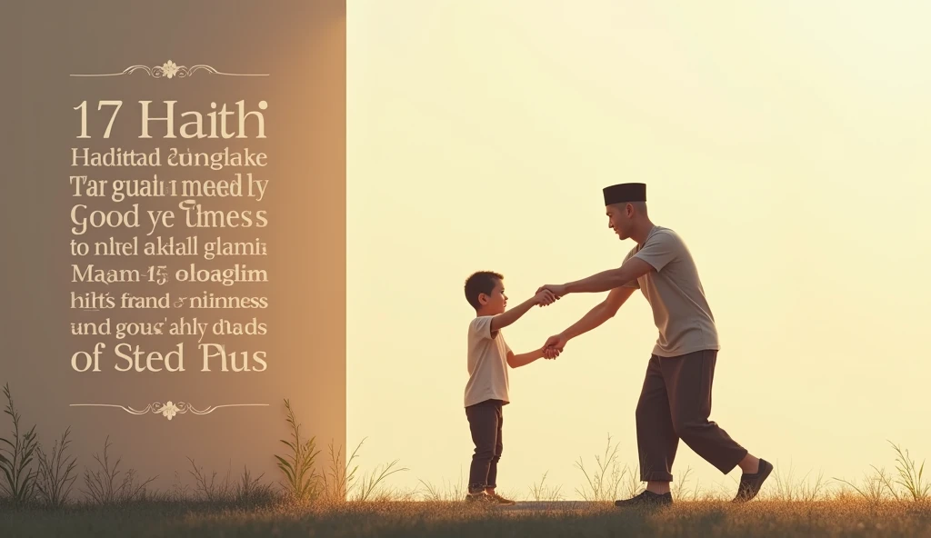 photorealism:1.2), aesthetic neutral color background on the left, there is the text of the 17th HADITH with a clear and bold font. On the right side, silhouette image of a man wearing a traditional Indonesian black cap doing good deeds (for example, help others