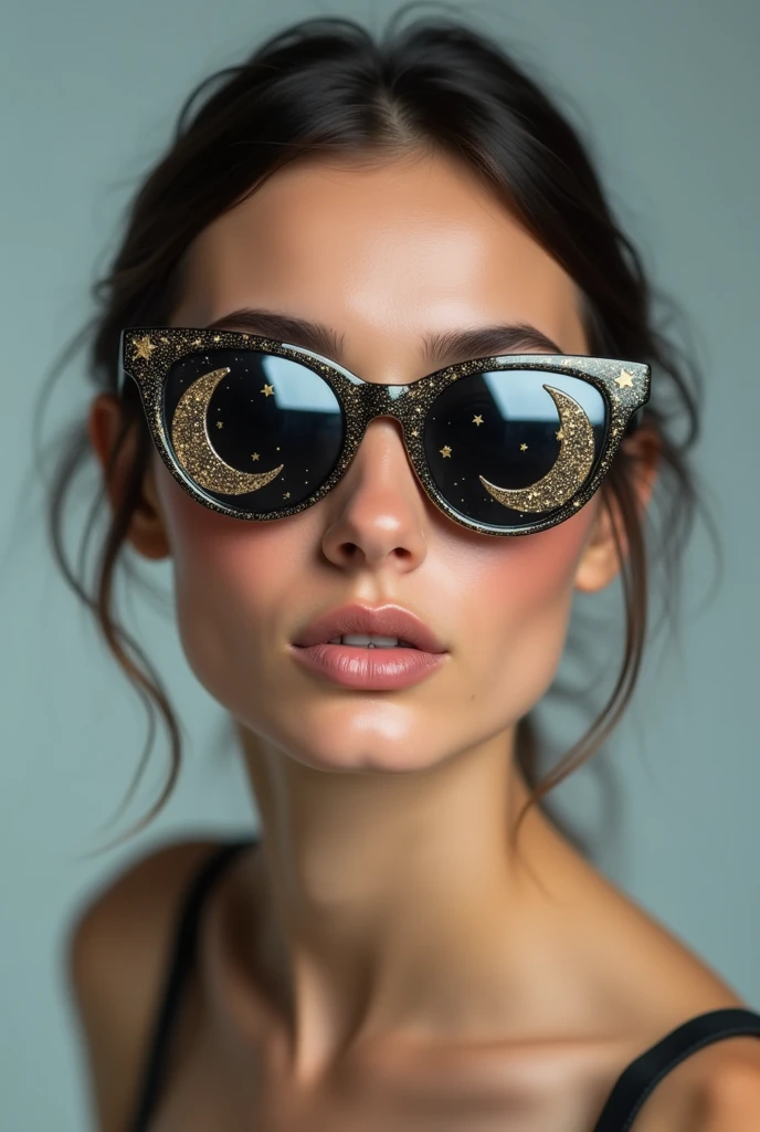 The model is wearing glass sunglasses with stars and the moon on the glass
