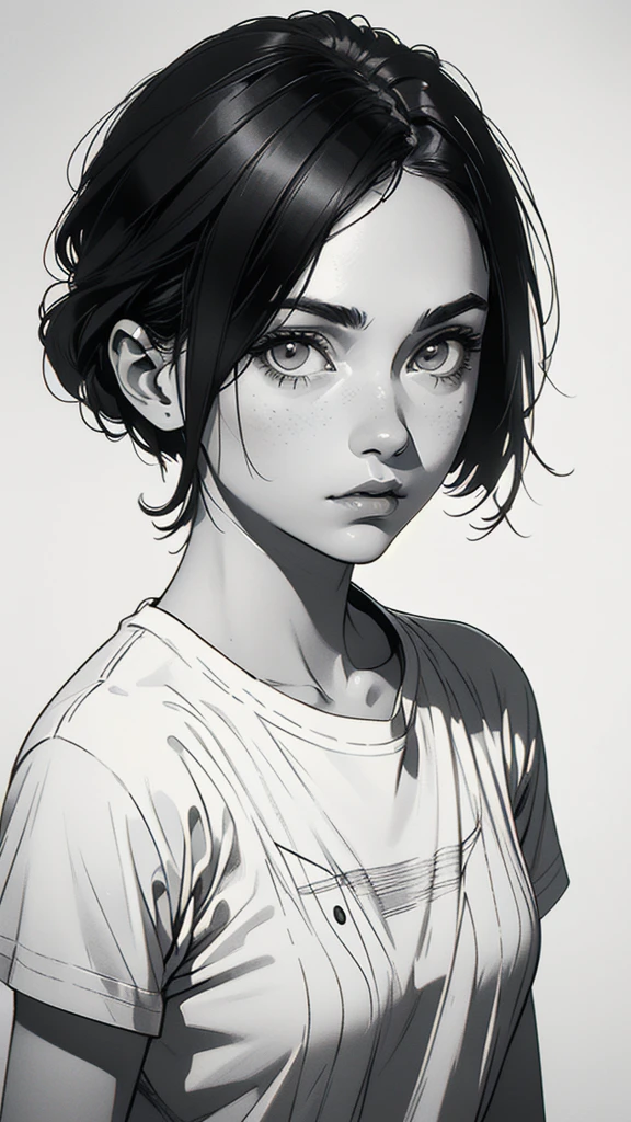 1 boyish girl, solo, sharp eyes, monochrome, greyscale, short black hair, portrait, white T-shirt, Thin eyebrows, closed mouth, looking at viewer, graphite \(medium\), detailed lips, hatching \(texture\), without makeup, bangs, upper body, (best illustration), (best quality), (very detailed), (masterpiece), expressionless,