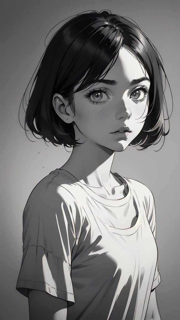 1 boyish girl, solo, sharp eyes, monochrome, greyscale, short black hair, portrait, white T-shirt, Thin eyebrows, closed mouth, looking at viewer, graphite \(medium\), detailed lips, hatching \(texture\), without makeup, bangs, upper body, (best illustration), (best quality), (very detailed), (masterpiece), expressionless,