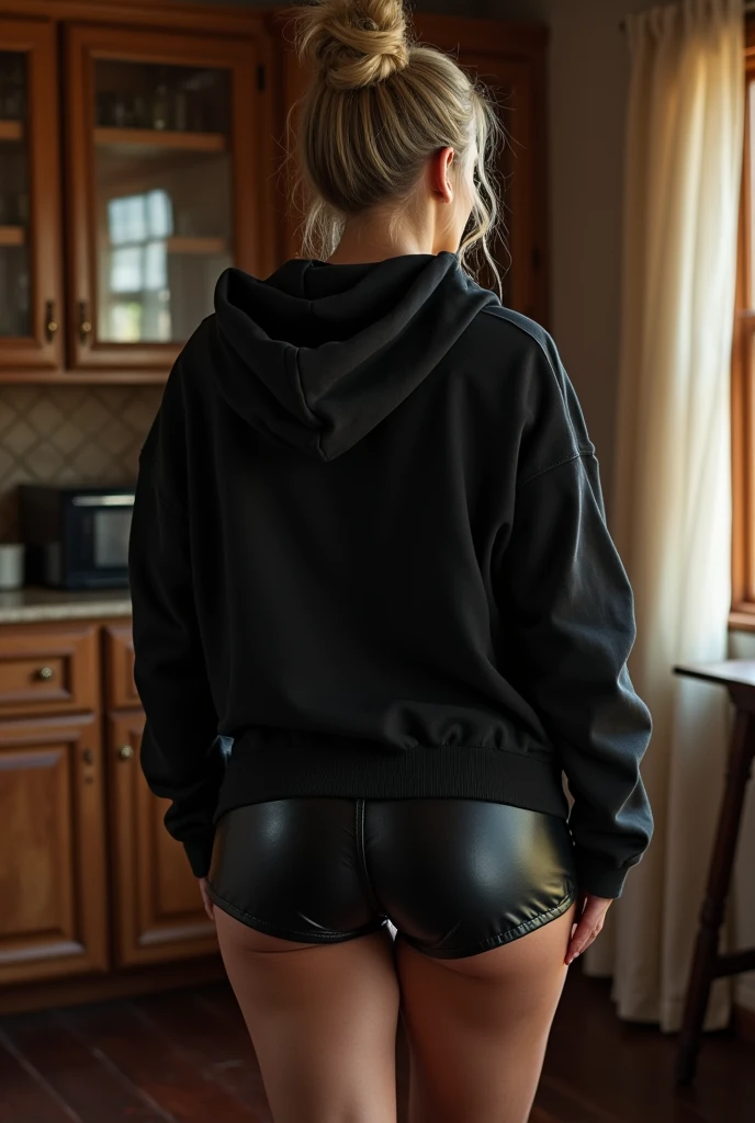 black woman hair in a bun black hoodie black leather short shorts being fucked in the ass by a old grandma in a dress