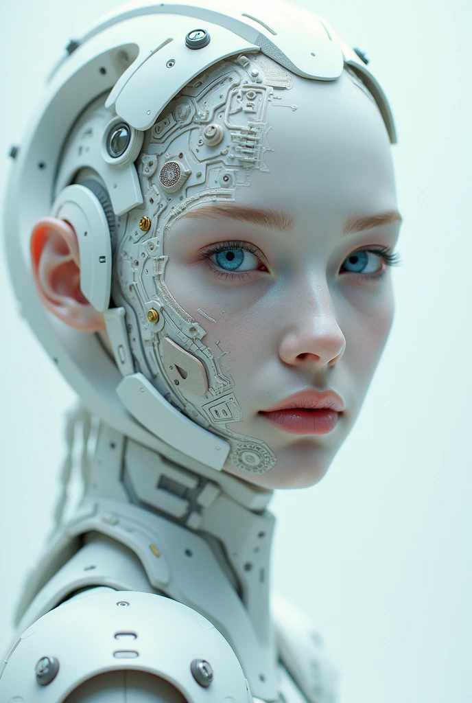A close-up portrait of a human face seamlessly merging with advanced technology. Half of the face appears human with smooth skin and a striking blue eye, while the other half transforms into an intricate maze of mechanical parts, circuits, and geometric shapes. All elements are rendered in shades of white and light gray, creating a cohesive and futuristic appearance. The detail in the technological side is extraordinarily complex, suggesting advanced AI or cybernetic enhancements. This image represents the convergence of humanity and technology in a visually stunning and thought-provoking manner.