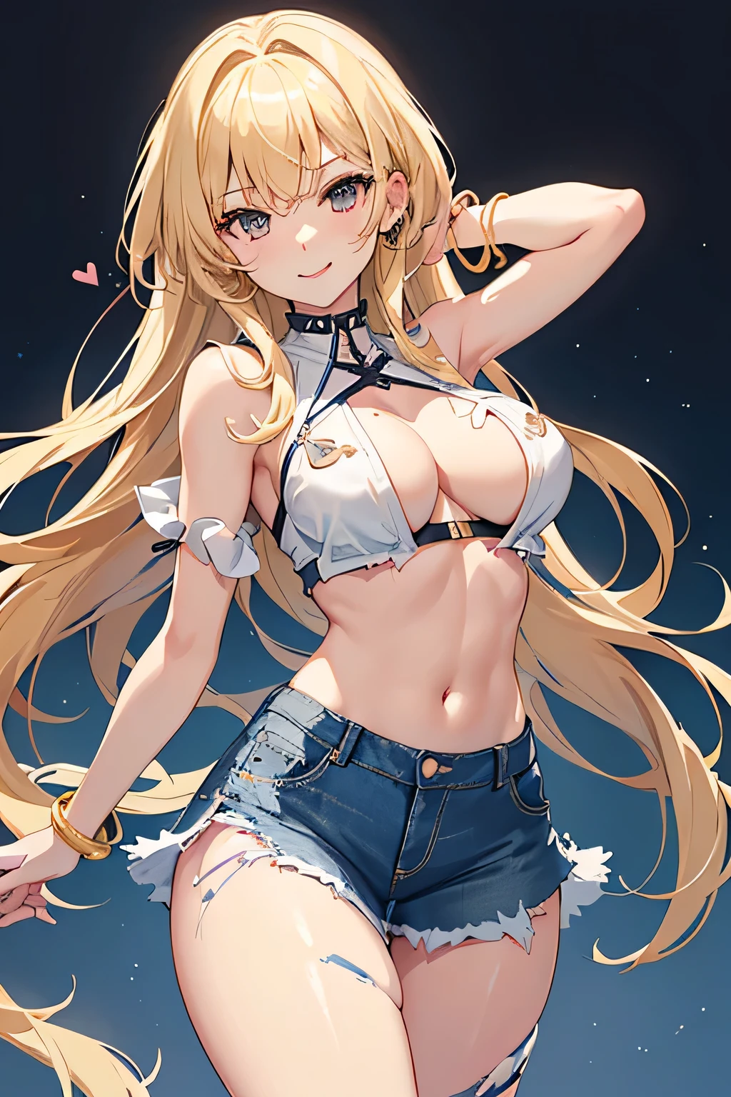 sexy、medium breasts, Illustrations、(Beautiful blonde hair、crotch open、Smiling、Draw so that the crotch cloth of the beige underwear is visible.、Skirt flipping、((Torn and tattered denim skirt、Beige panties))、Choker、When I look through the viewfinder、A bracelet、Thigh strap、Body Painting、Head tilt、8K resolution、intricate clothing、Intricate details、1girll、Solo、a blond、Standing、Cowboy Shot、Arms at sides、a miniskirt、Detailed panties、heart cleavage cutout、hip incision))、Volumetric lighting、Soft light、Bright、neons、Vibrant colors、watercolor paiting、