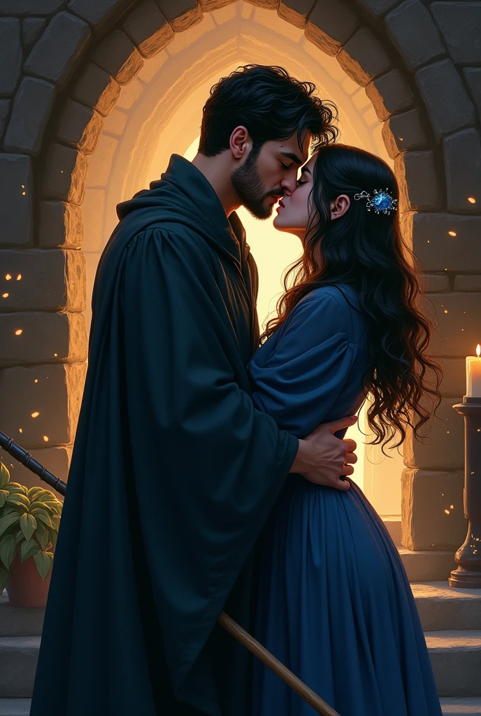 A short black-haired wizard with a beard and a short black-haired witch from Ravenclaw house kissing