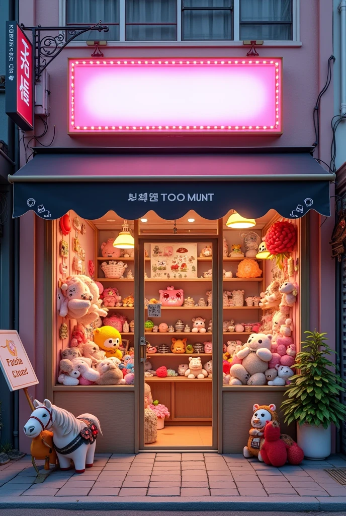 toy store in south korea, realistic facade, blank sign with pink lights, stuffed animals dolls bears kites toy cats gonggi ddakji , wide windows hyper realistic pastel-colored walls, horse of coins outside, arcade video game outside, a sign with a skull stuck to the window, slats hanging from the ceiling, Black awnings with Korean aesthetics