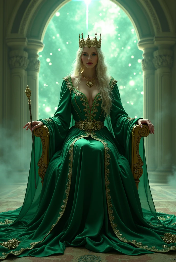 a woman dressed as a sorceress, long emerald green robe. with a setro in her hand, with her crown on her head, perched on a beautiful throne, behind her she has a portal open to another dimension.