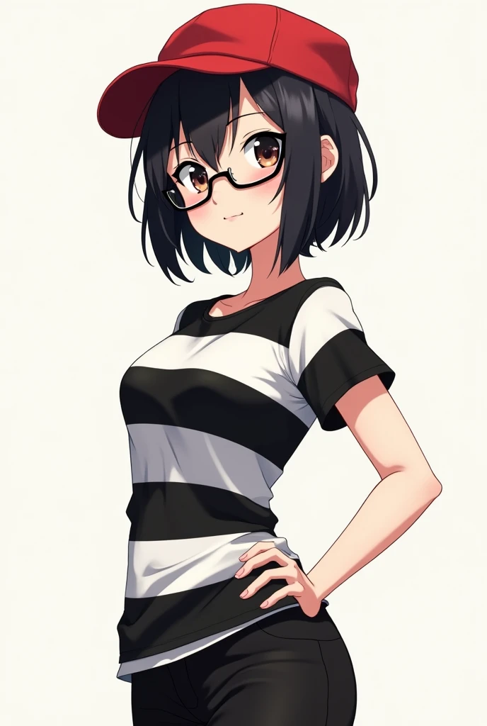 Female anime character short black hair wearing a red cap black and white striped shirt black pants glasses