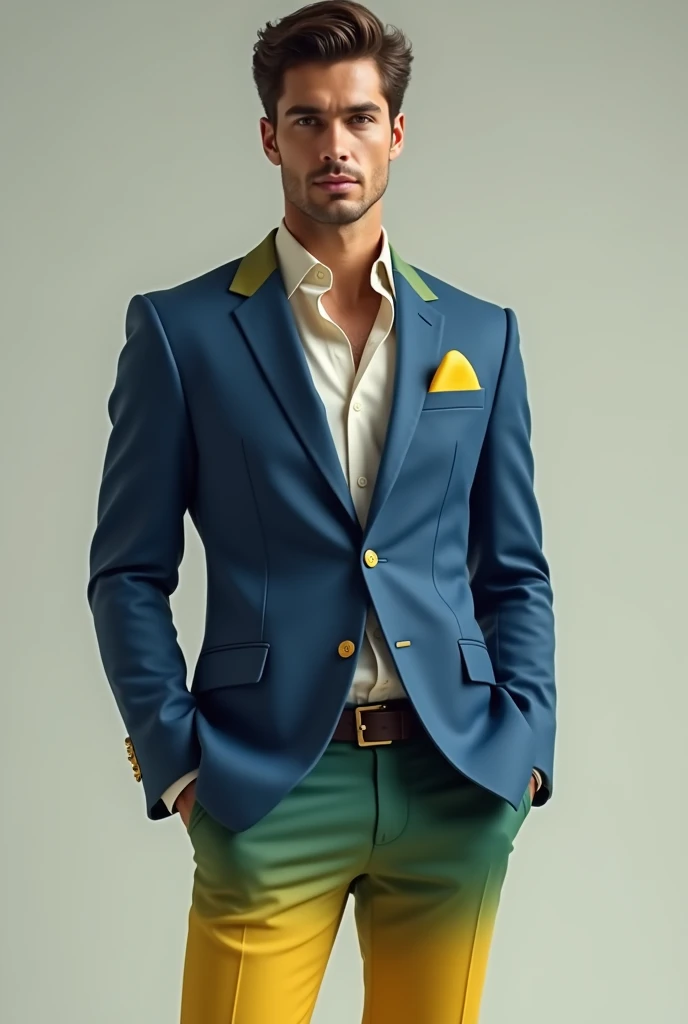 male body. Blue blazer with yellow details on the collar and pockets. pants with green and yellow gradient. elegant set