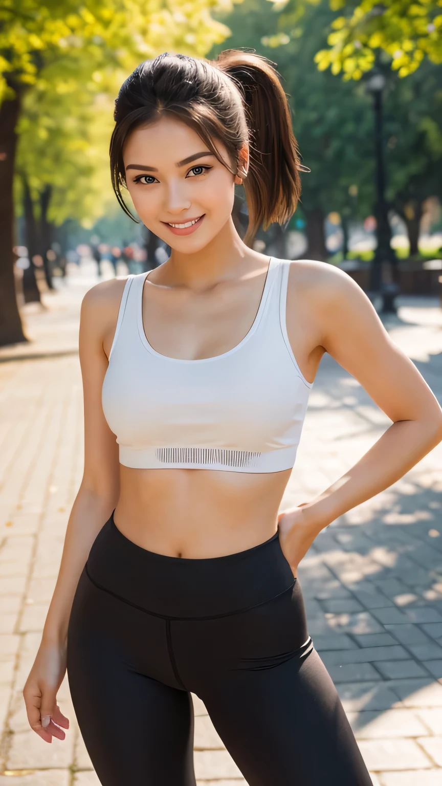 Realistic full body photo of a smiling, young brunette woman, ponytail hairstyle, She dances in front of the camera in a tank top with tight sports leggings ...., Park,glamour fotoshooting, Park, perfect anatomy, perfect brown eyes. Perfect hands with 5 fingers on each hand, Matching girl, looking at the camera, 1 Frau. (Eye make up:1.1), (highly detailed skin:1.1), spirit, analog style, keen focus, 8K UHD, dslr, good quality, Fujifilm XT3, Grain, Award-winning, masterpiece. Park