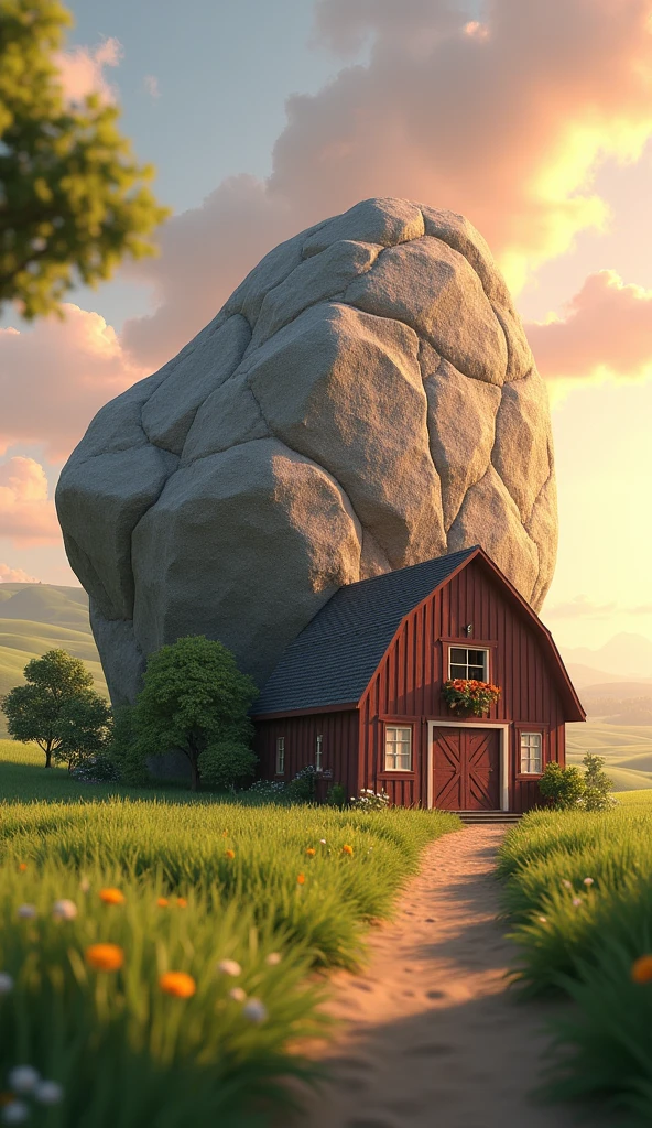 Draw a giant rock on the door of a farm barn. The farm should be picturesque and detailed, with green fields and a sunrise sky with soft orange and pink tones, in a 3D animated style.