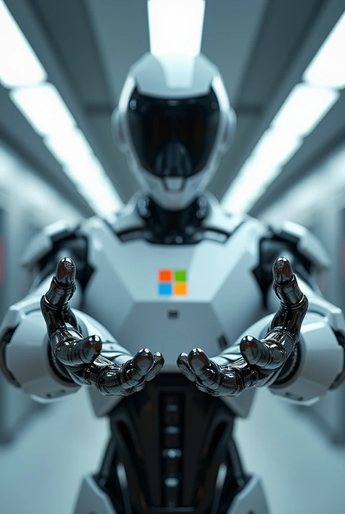 A robot with the MS PRODUCTION logo on its hands 