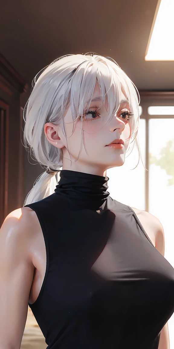 Masterpiece,realistic, 1girl,(MyleneHFV4), platinum hair, golden eyes,ringed eyes, single braided ponytail, ((POV, close shot)), Black turtleneck shirt, nipples, highlight breast, side bangs, sweats,