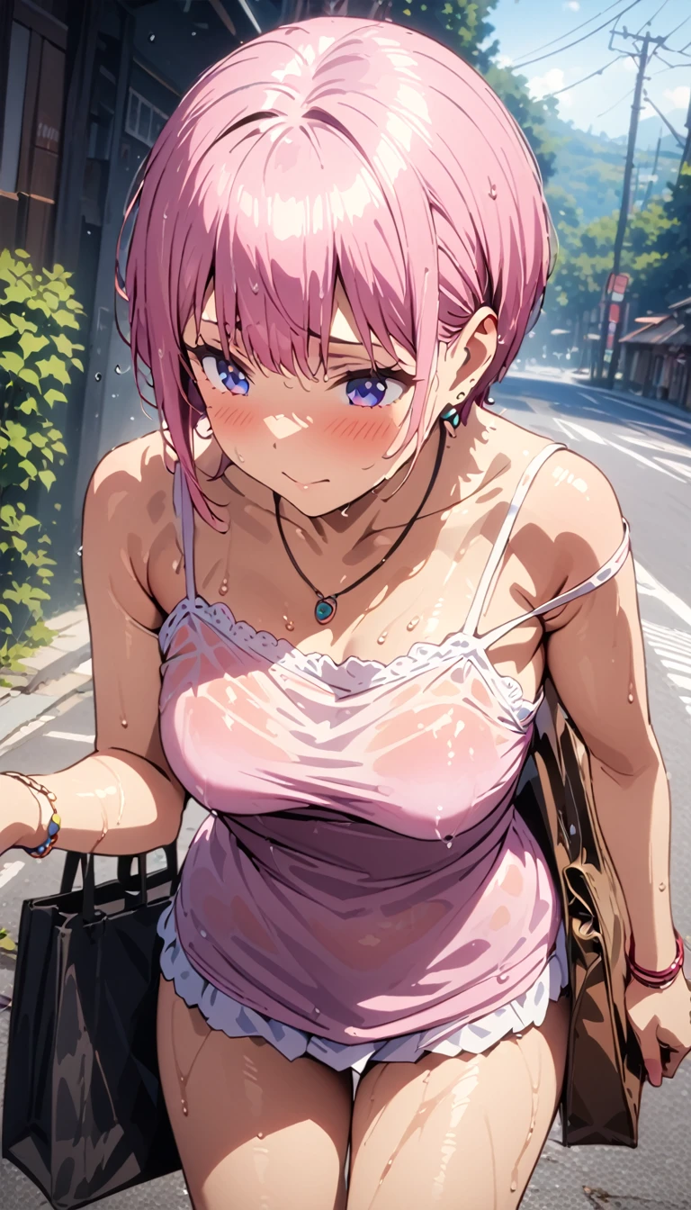 (Highest quality, 4K, 8k, High resolution, masterpiece:1.2), Very detailed, Picturesque, Animated Photography, Photo Animation:1.37)、after the rain、Japanese girl、(Pink Hair)、(Pixie Cut)、wet camisole、strap slip、wet hair、Earrings、necklace、bracelet、Carry a bag、Nakano Ichika
