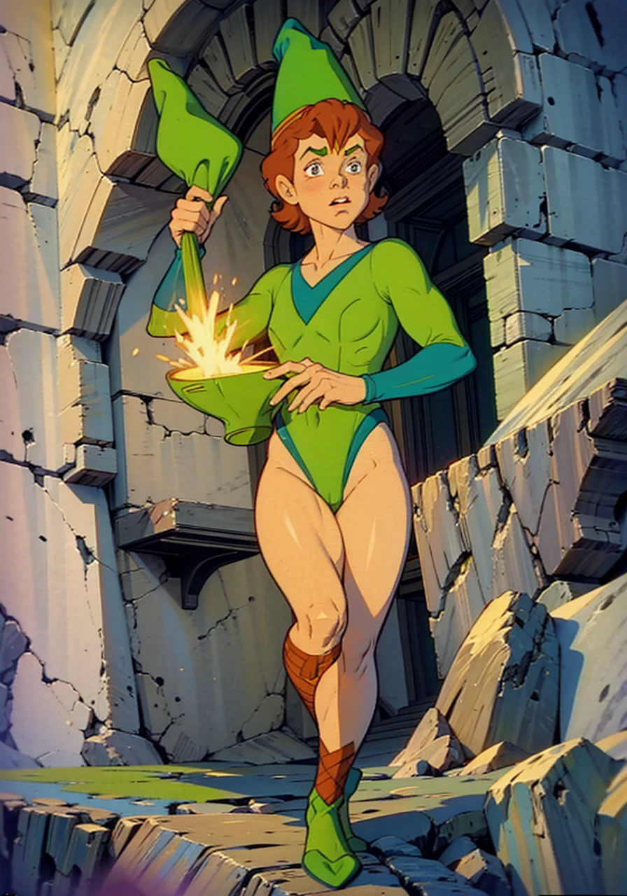 a redhead cartoon character, wonder woman outfit, green leotard, very muscular,  male wizard, 1980s cartoon, animated episode still, Presto (((mad))), ((Wears a wizard hat))