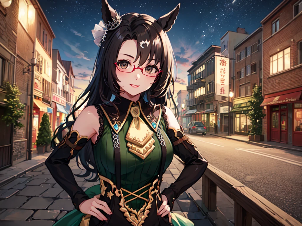 Masterpiece, high quality, 4K, HDR、head shot。Cool horse ears beauty、smile、looking at the camera。Brown Eyes、Pink Lipstick、Big Breasts。Red glasses、Shoulder less、Casual clothes。Hands on hips。Night starry sky、Ruins at night。