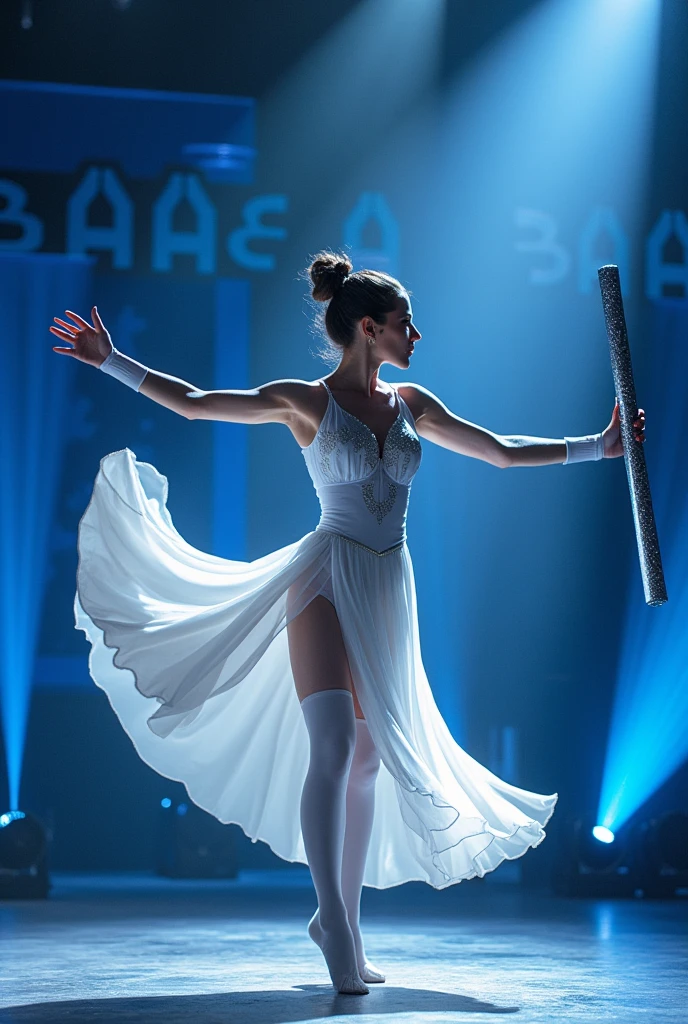White baton twirler suit, Navy blue and light blue war band with lack