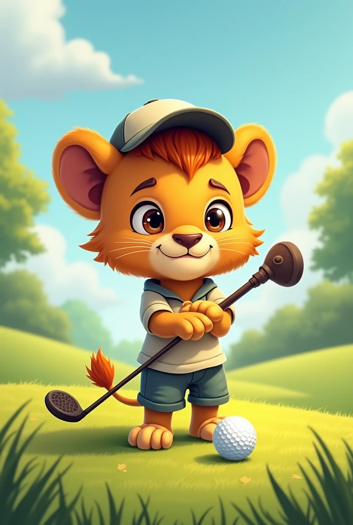 lawn,A lion cub playing golf,Wearing short sleeves and shorts,Little lion wearing a cap