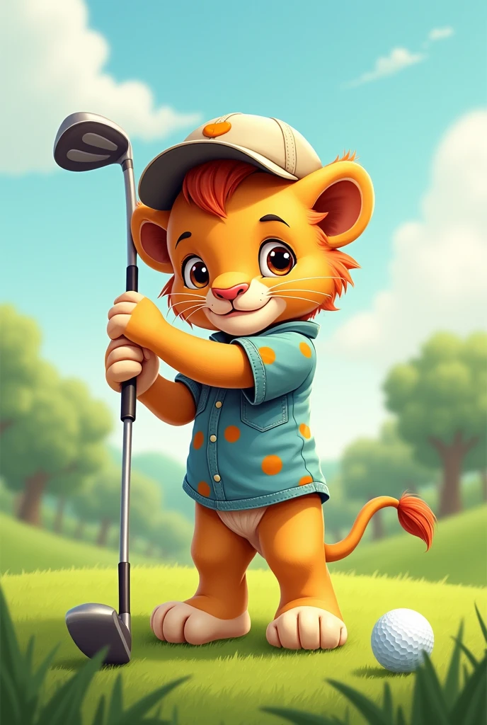 lawn，A lion cub playing golf，Wearing short sleeves and shorts，Little lion wearing a cap