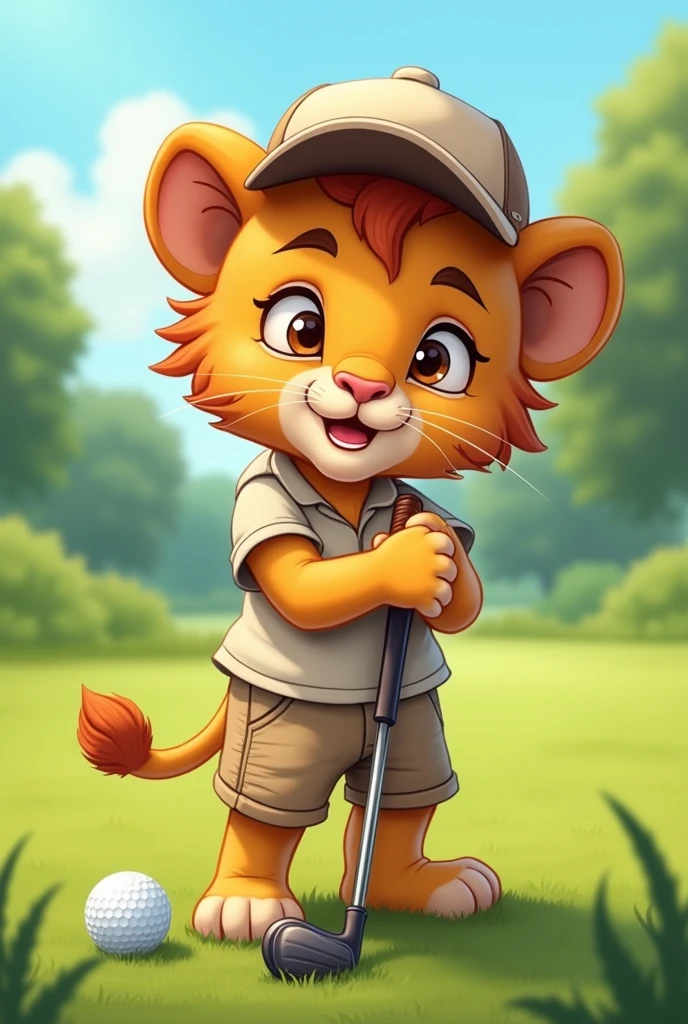 lawn,A lion cub playing golf,Wearing short sleeves and shorts,Little lion wearing a cap