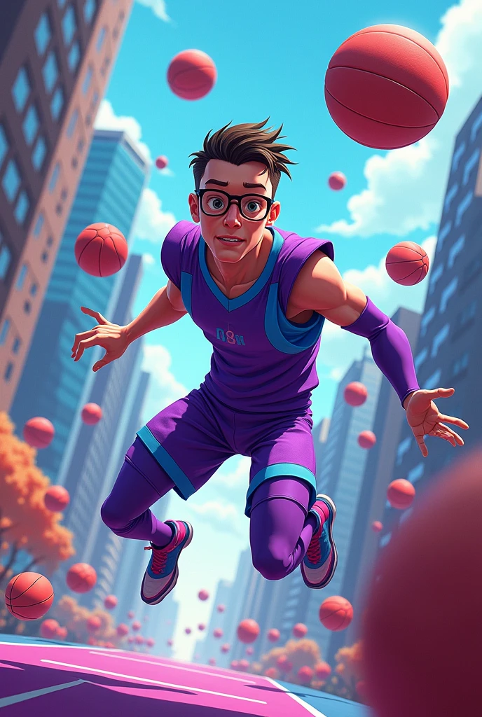 A skinny, nerdy super hero whose power is to control bouncy balls of all sizes.
His name is “The Bouncy Bawller”.
He wears a purple and blue super suit that looks almost like basket ball clothes