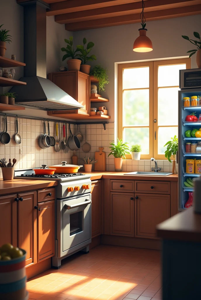 a kitchen where there is everything to cook, from frying pans to a baking oven, Also a sink next to the stove and next to it is the refrigerator, where there are all kinds of foods.
