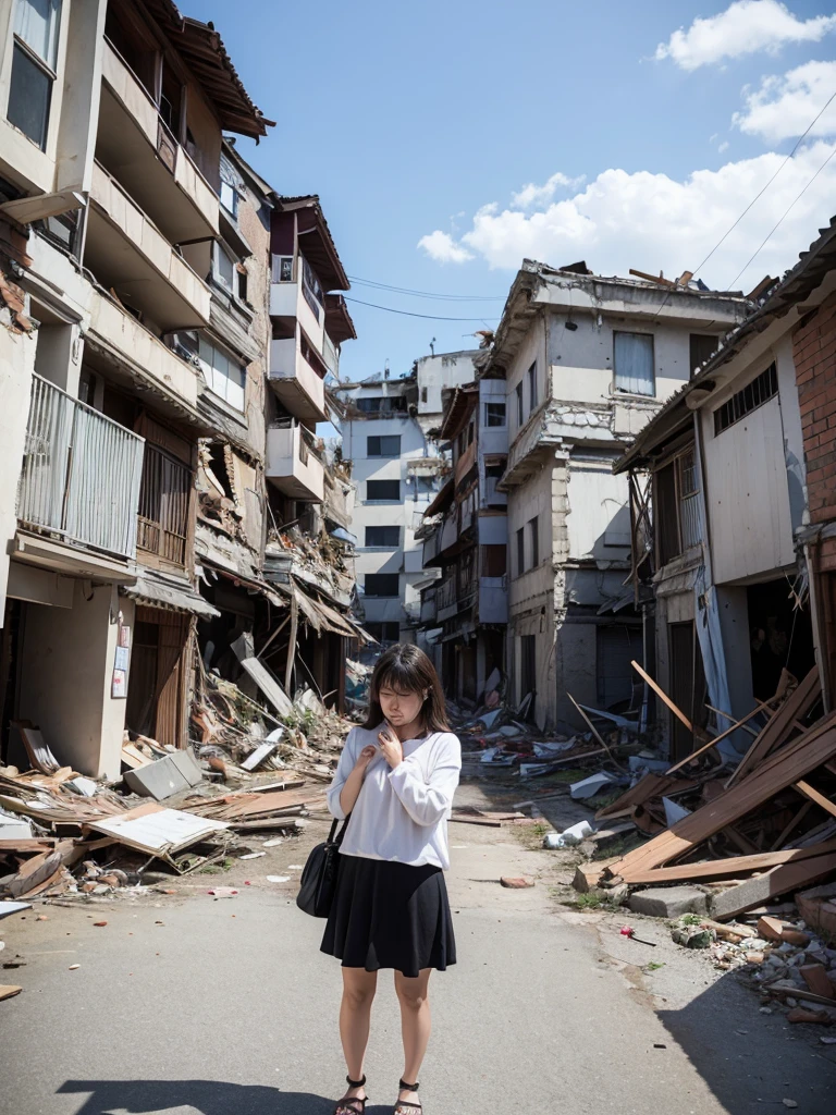 A woman stands in a city completely destroyed by an earthquake,Heavy breathing,Are crying,