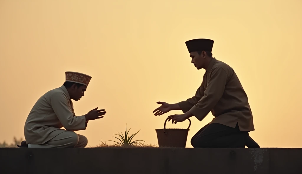 photorealism:1.2), aesthetic neutral color background on the left, On the right side, silhouette image of a man wearing a traditional Indonesian black cap doing good deeds (for example, help others
