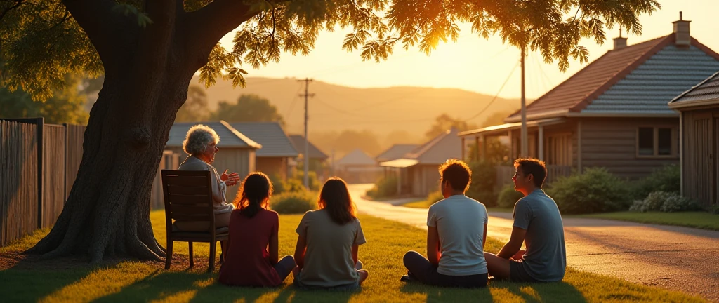 Realistic image, 8K, three young couples sitting around an elderly silver-haired lady on the porch of one of the houses in a small village, a village with several houses situated between hills, fields and many trees, at dusk, view of the setting sun dyeing the sky orange and gold, narrow streets, old Australian-style houses.