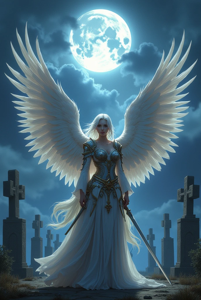 an epic fantasy art portrait of aasimar, female, paladin ready for battle under the full moon, holy warrior, spread large feathered wings, majestic wings, white angelic wings spread (Masterpiece, intense details: 1.5), moon light, moon, stars, clouds, holy symbol, armed with a divine sword, wearing holy armor, dynamic hair color, dynamic hair style, dynamic skin complexion, dark fantasy cemetery background, anatomically correct (Masterpiece 1.3, intense details), angel_wings, determined face, god rays, cinematic lighting, glowing light, silhouette, from outside, photorealism, panoramic view (Masterpiece 1.3, intense details) , Wide-Angle, Ultra-Wide Angle, 16k, highres, best quality, high details, 16K, ultra detailed, masterpiece, best quality, (extremely detailed), arafed, dnd art, portrait, full body, short hair