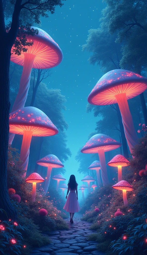 Viral anime nature wallpaper in 4K quality, in the style of digital illustration inspired by Yoshitaka Amano, showing a mystical forest with giant mushrooms, bioluminescent plants, and ethereal creatures wandering around; cool and mystical color temperature, cosmos lighting with stars twinkling in the sky, no human characters, the atmosphere is otherworldly and enchanting --v 5 --stylize 1000