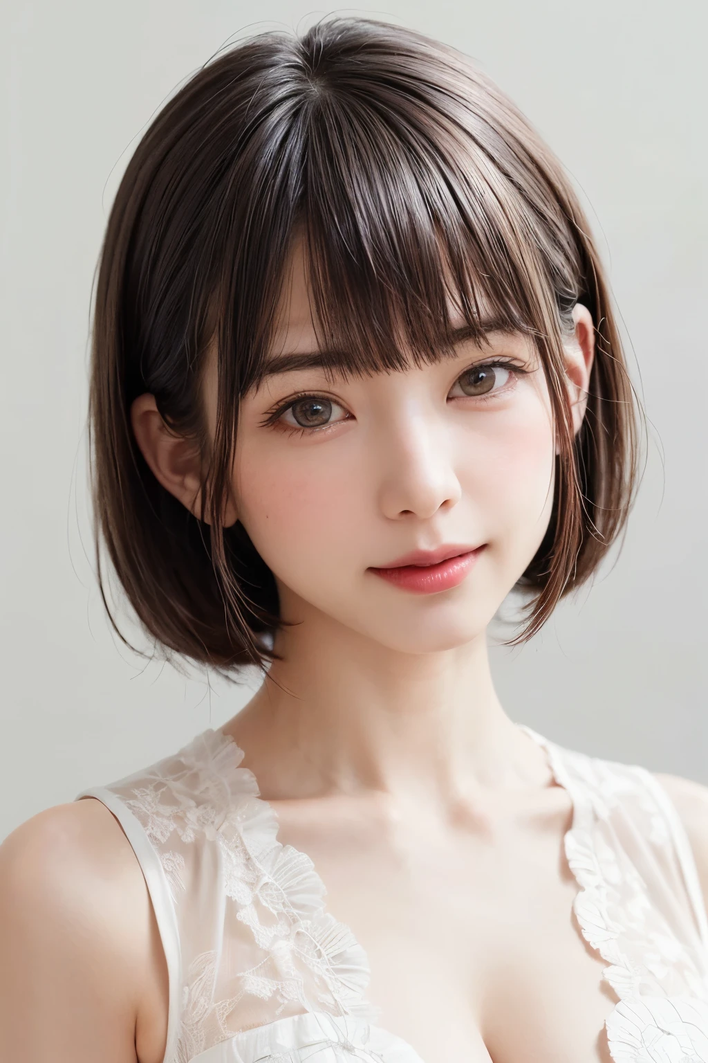 (software:1.8、masterpiece, Highest quality),1 person, alone, hyper Realistic, Realistic,Realistic, Looking at the audience, Light brown eyes:1.4,Brunette Short Bob Hair with highly detailed shiny hair, Brightly colored winter clothes, Lepangas:1.4), Outdoor, Mouth closed, Upper Body、big chest eye、eyelash、{Hugeな|big chest|Hugeなな|Mega} whole :2, chestの谷間:2、(((big chest eye、Short Bob Hair、Highlights from Students、Looking at the audience、She is very beautiful and cute、Show me your ears、Long neck、smile、Close your mouth and smile、Bangs and beautiful teeth)))、Ideal body type、（Nothing is drawn、A very beautiful pure white background:1.6）、美しいLong neck:1.4、(({Huge|big|Hugeな|Mega} chest, chestの谷間:2、Upper Bodyは服を着ていない:1.6))、(((Portraiture:2)))、Perfect Anatomy