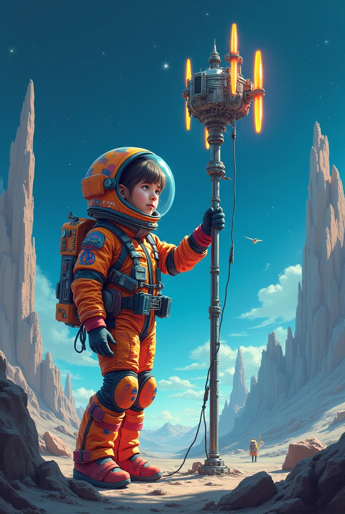 Wearing a colorful space suit and setting up an antenna。A girl taking photos in a futuristic location