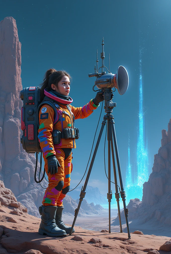 Wearing a colorful space suit and setting up an antenna。A girl taking photos in a futuristic location