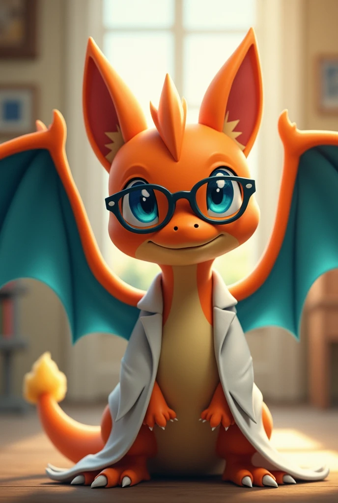 baby charizard with wings, blue eyes, glasses, dexter robe (dexter's laboratory) and cat ears