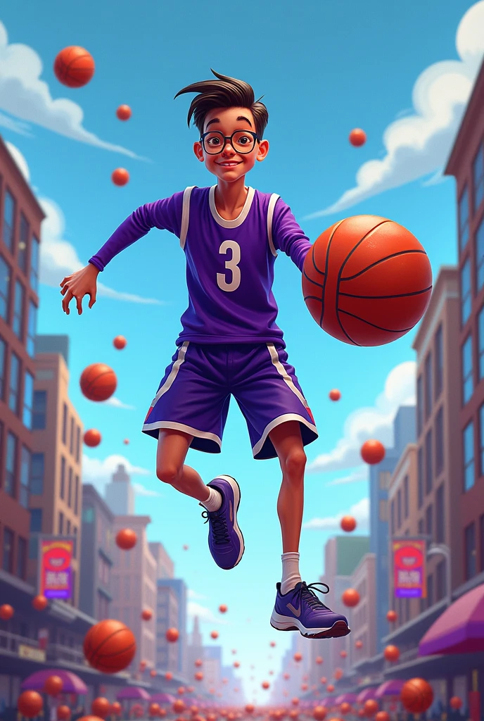 A skinny, nerdy super hero whose power is to control bouncy balls of all sizes.
His name is “The Bouncy Bawller”.

He wears a purple and blue super suit that looks almost like basket ball clothes