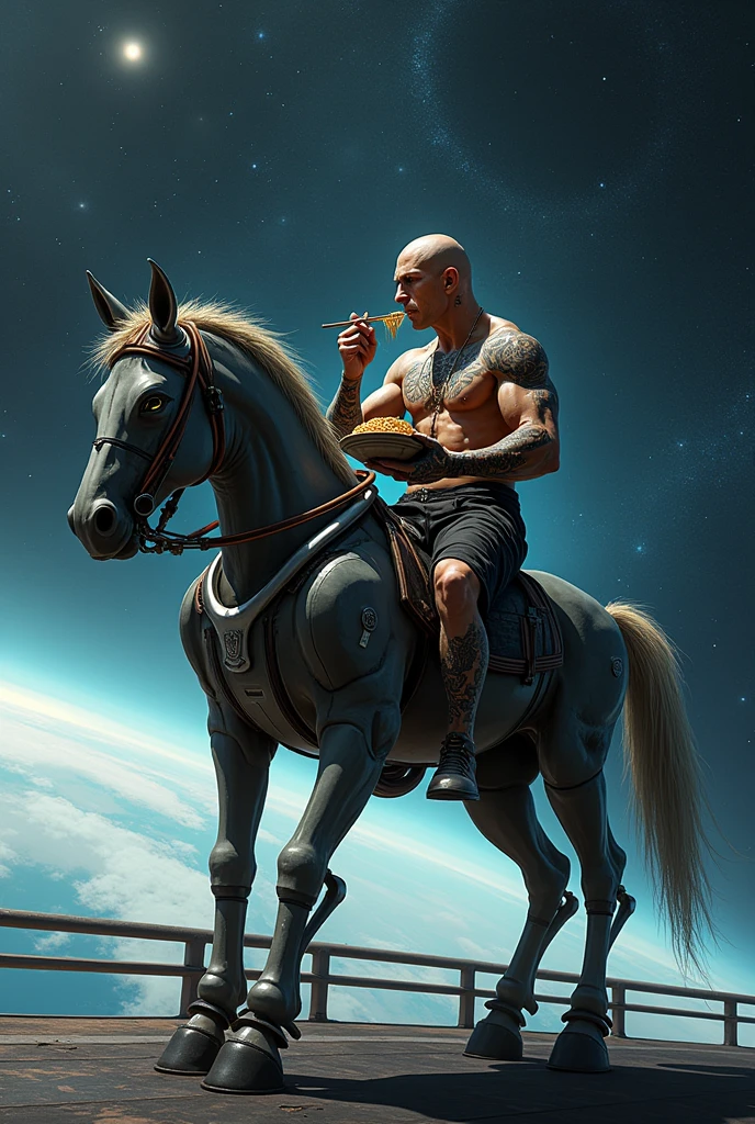 The upper body of the Centaur is a human bald tattoo image,Eating a bowl of noodles on horseback with chopsticks in hand,The lower body is a mechanical horse body,Equipped with advanced thrusters,Standing on the deck of a spaceship,The background is the bright stars and distant galaxies。Professional photos, best quality,Ultra HD,masterpiece。