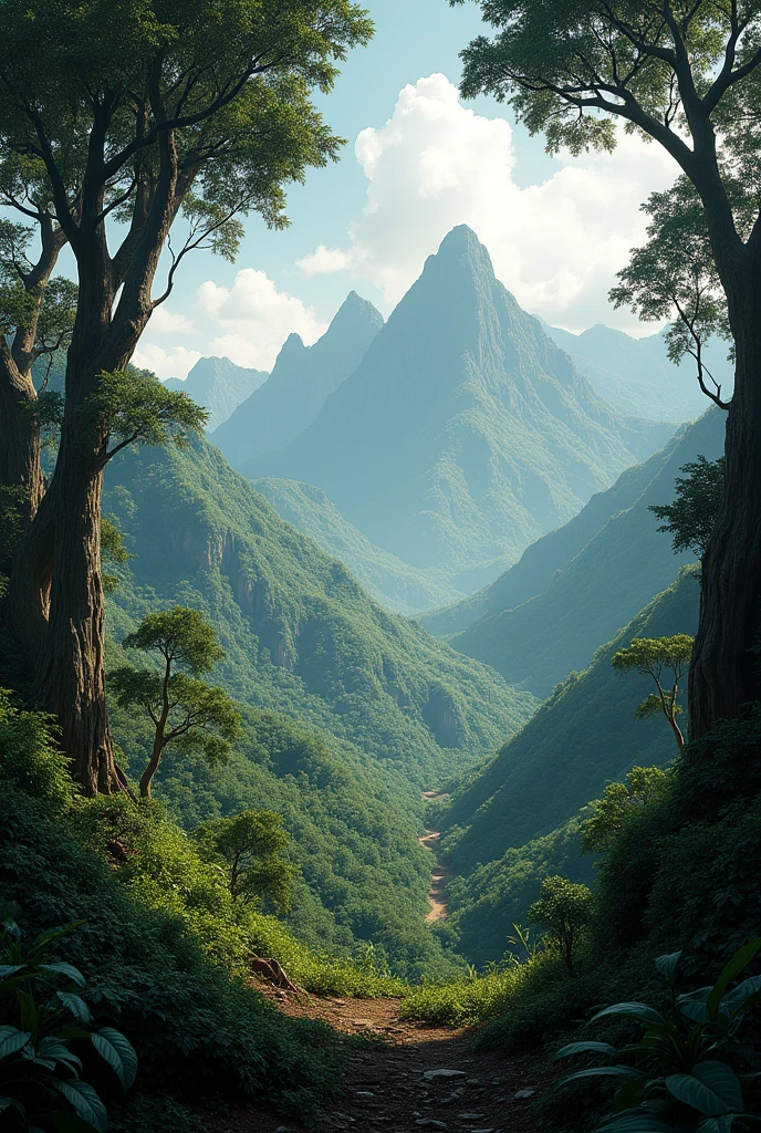 Environment: A mountainous and jungle landscape during the Ñancahuazú War. There is dense vegetation, Tall trees, and mountains in the background. The scene conveys a sense of chaos and desolation..