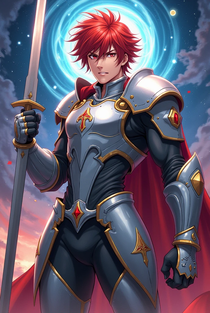 A boy in the style of Knights of the Zodiac (the lost canvas) Red-hair. attractive, handsome, muscular, with silver armor