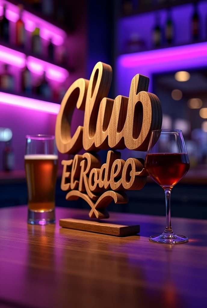 A wooden logo that says Club El Rodeo that is modern and creative with the color of the wood for a bar with a glass of beer and wine next to it and with purple LED lights around it.







