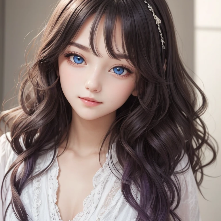 long hair with loose wavy、Very cute face、Soft Light,Sparkling eyes,Violet's Eyes、Captivating beauty、Attractive adult woman、Beautiful woman、Ultra-high resolution, Realistic,High Resolution Skins:1.2, Waist Up Pose , Moist, Slim body with beautiful curves, Realistic skin texture, A sensual woman, 2,