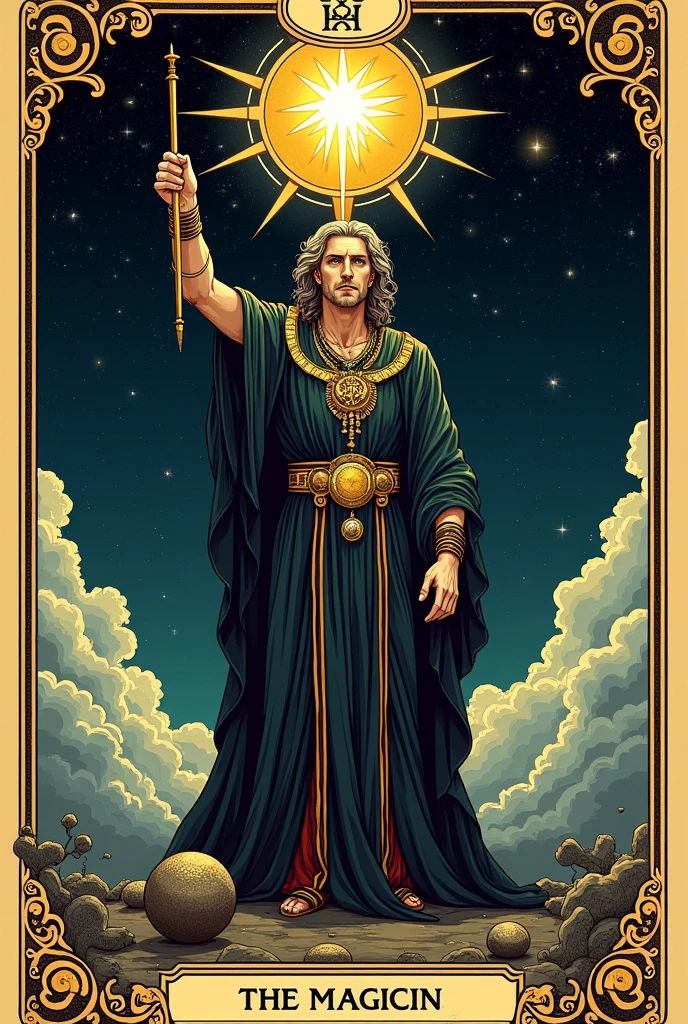there is a Tarot Cards with a picture of a man holding a wand, magician Tarot Cards, Detailed + Tarot Cards, magician, Tarot Cards enviroment, Tarot Cards style, as a Tarot Cards, the star Tarot Cards, Major Arcana Masons Light Up the Sky, the emperor Tarot Cards, Tarot Cards art, Tarot Cards design, Tarot Cardss characters